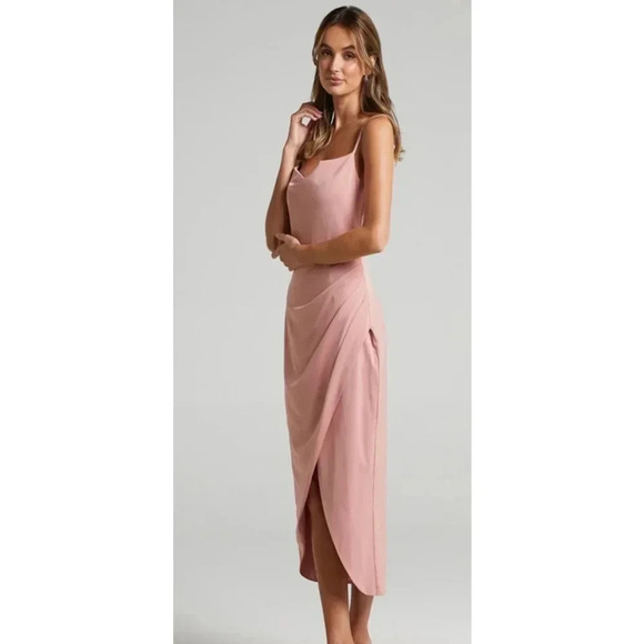 Showpo Dazzling Lights Cowl Drape MIDI Dress Pink Peach Satin Size 6‎ US 0209 - Picture 2 of 16
